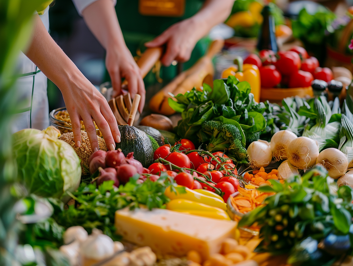 Різноманітні свіжі продукти для збалансованого харчування