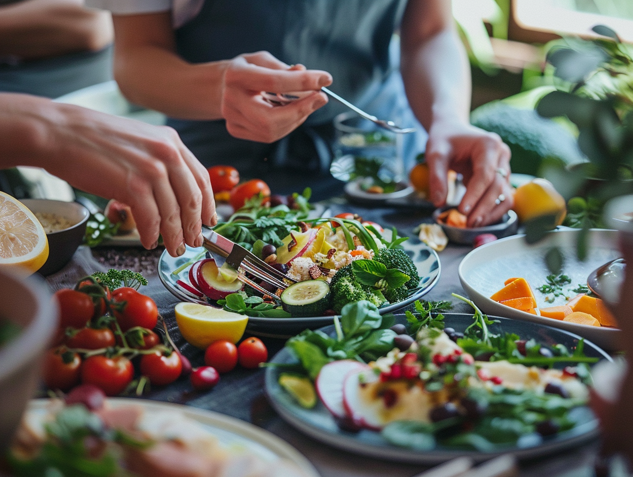 Красиво сервірована здорова їжа з різноманітними продуктами